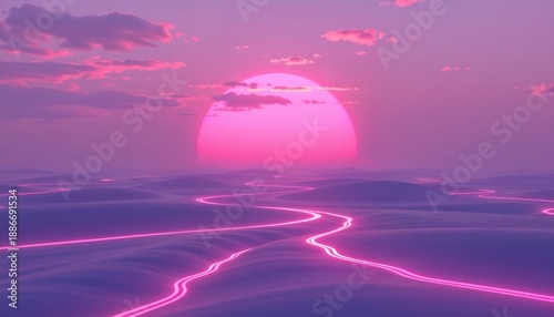 Surreal landscape with a bright pink sun setting over rolling hills and glowing pathways
