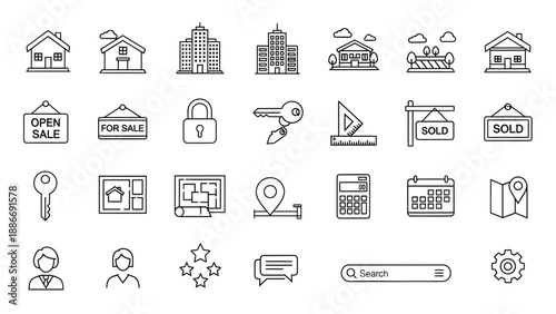Real estate property housing icons set with sale sold rent buy security location vector illustration flat design