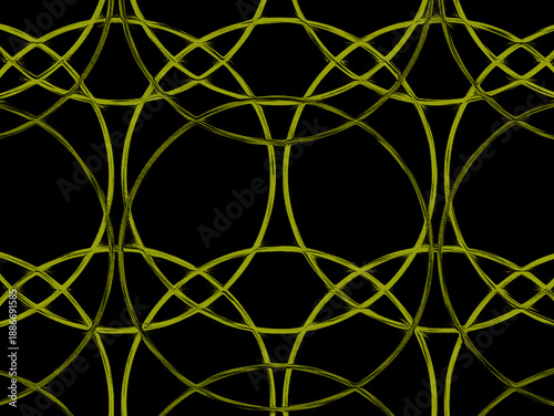 Seamless abstract geometric pattern with overlapping glowing yellow circular lines on a black background. Elegant symmetric design creating a sense of rhythm, connection, and digital energy, suitable 