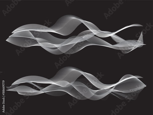 Abstract flowing wave forms made of translucent white ribbons on a black background. Smooth layered curves create a sense of motion, energy, and sound or data visualization. Ideal for technology.