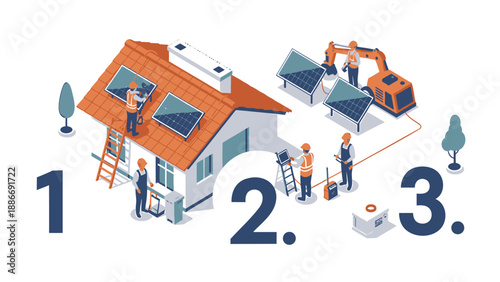 Workers installing solar panels on house roof with construction equipment nearby