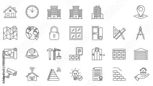 Real estate and property icons set flat design vector illustration for business and urban development