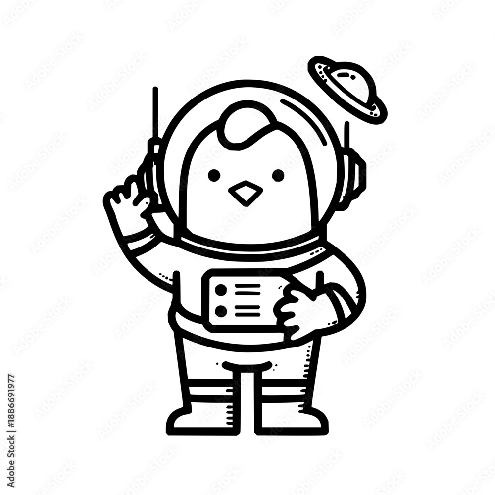 Fototapeta premium Astronaut Penguin Waving in Space Suit with Planet