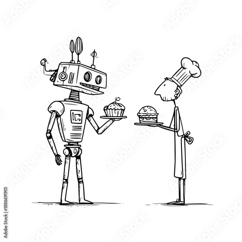 Robot Receiving Cake from Chef in Kitchen