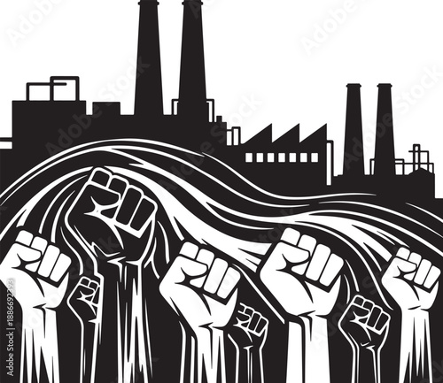 Black and White Vector Illustration of Raised Fists and Industrial Factory Silhouette