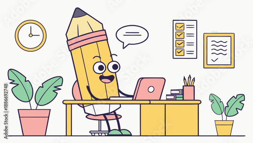 Cartoon pencil working on the computer, creative office, digital writing concept.