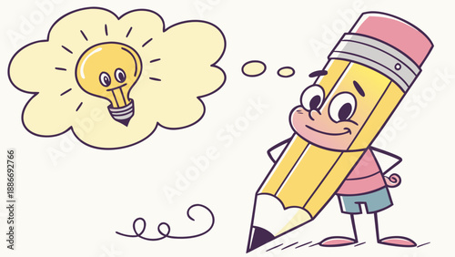 A thoughtful cartoon pencil with a hand on its chin, representing a concept of idea and creativity.