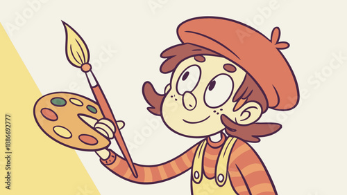 Cartoon artist with beret, holding brush and palette, creative expression.