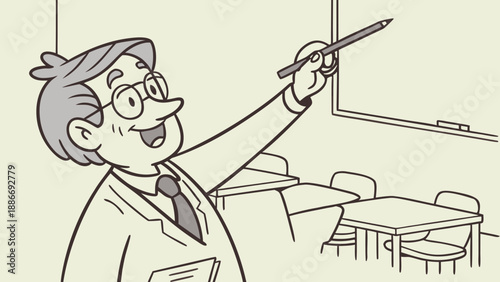A cartoon pencil depicting a teacher with glasses and a tie, pointing to an imaginary blackboard, in an educational style.