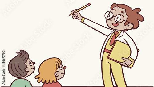 A cartoon pencil depicting a teacher with glasses and a tie, pointing to an imaginary blackboard, in an educational style.