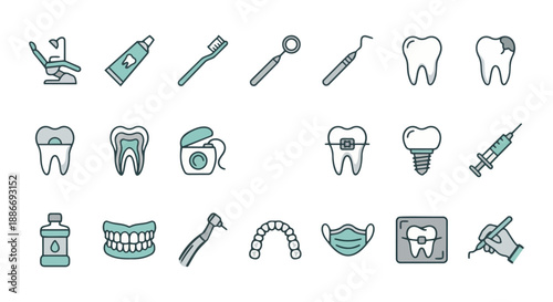 Dental Care and Dentistry Vector Icon Set - Oral Hygiene and Equipment Symbols