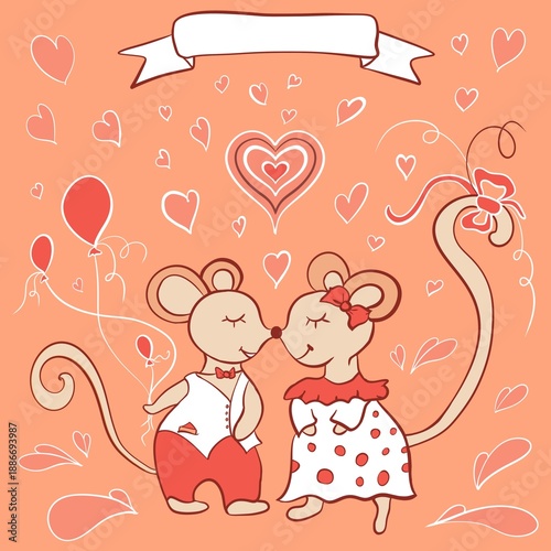 Cute cartoon mice couple kissing among hearts and balloons on peach background. 