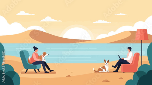 Two people and their dogs relax by a lake at sunset