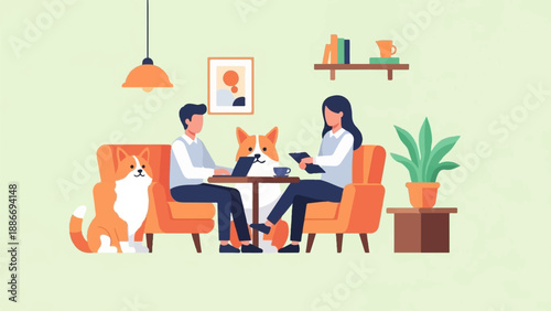 Two people and two corgis in a bright, modern living room setting