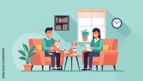 Two people and two cats sit in chairs, interior scene with plants and clock