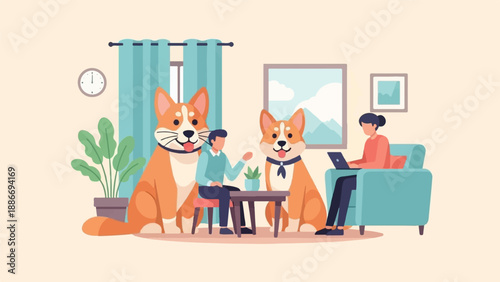 Two people and two dogs relax in a living room with artwork and plants