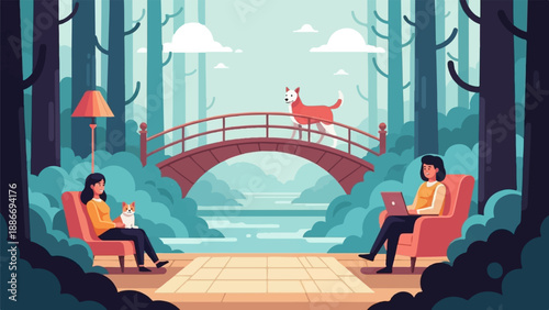 Two people and two dogs relax in a serene forest scene with a bridge