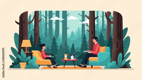 Two people and two dogs in a forest setting, seated in comfortable furniture