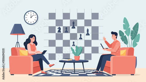 Two people are sitting in chairs and using laptops, a chessboard is on the wall