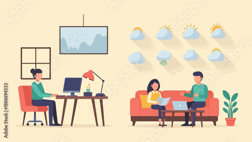 Two people are working and relaxing in a room with a weather forecast