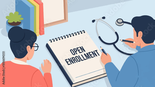 Two people at a desk, one with glasses, reviewing a notepad that says "Open Enrollment