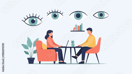 Two people at a table, observed by large eyes above