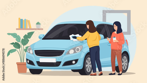 Two people cleaning a blue car with a cloth, indoor setting