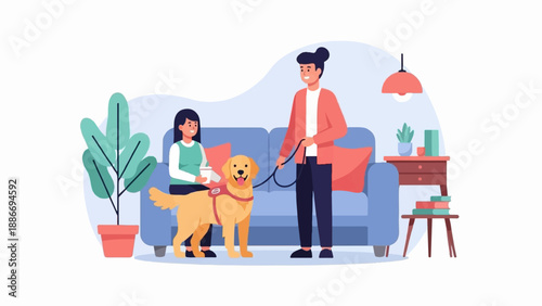 Two people and a service dog in a cozy living room