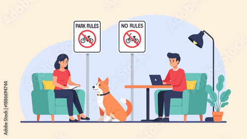 Two people and a dog near signs about park rules in a room