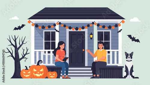 Two people and a dog on a porch decorated for Halloween with pumpkins and bats