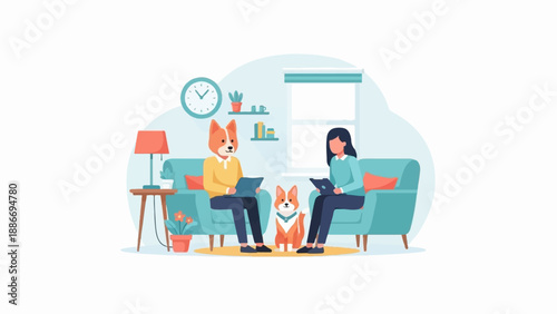 Two people and a dog on sofas, one with dog head, in a living room