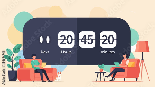 Two people and a dog relax at home near a digital countdown timer