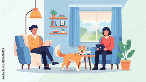 Two people and a dog relax at home on couches with laptops