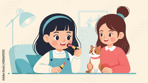 Two girls and a dog applying lipstick indoors