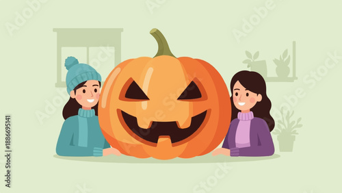 Two girls celebrate Halloween next to a large, carved pumpkin