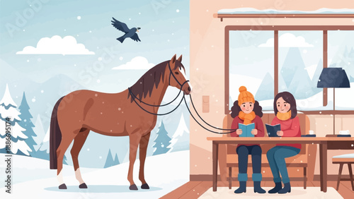 Two girls read books indoors while a horse waits outside in the snow