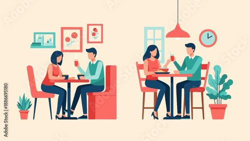 Two couples enjoying meals at separate tables in a stylized cafe setting
