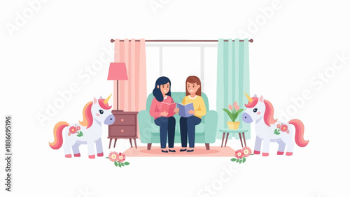 Two girls read books on a sofa flanked by two decorative unicorns