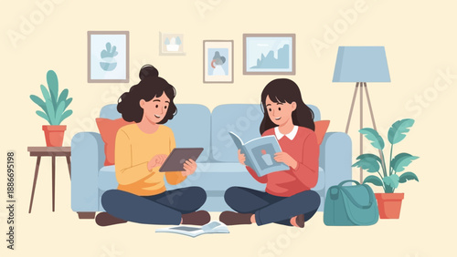 Two girls relaxing in a living room, one with tablet, one with book