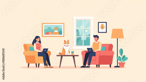 Two people and a dog relax at home with laptops in a cozy living room