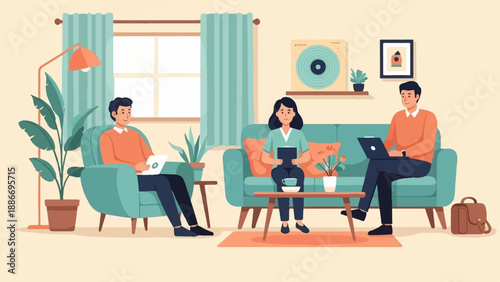 Three people relax and work in a cozy living room with plants and a window