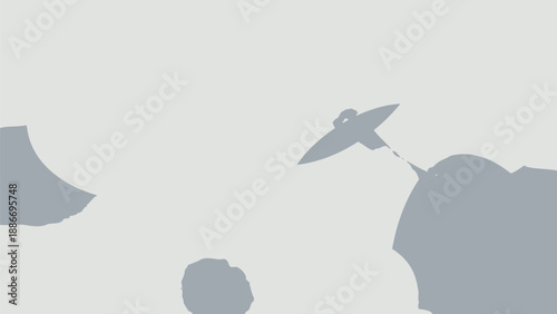 Gray silhouette of a satellite orbiting a planet in space with a white background