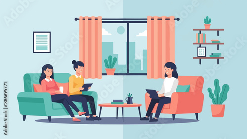 Three people relax on sofas, using tablets, in a modern living room