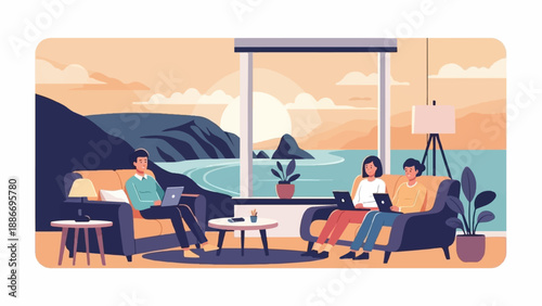 Three people relax on couches in a room with a view of the sea
