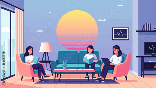 Three people relaxing in a living room with a large sunset
