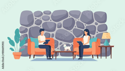 Two people and dog relax by stone wall, using tablets
