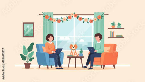 Two people and a dog relax in a cozy living room with laptops
