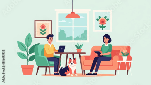 Two people and a dog relax in a cozy living room
