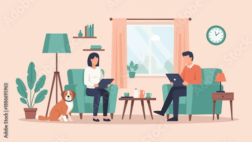 Two people and a dog relax in a cozy room with a window view