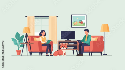 Two people and a dog relax in a living room with laptops (1)